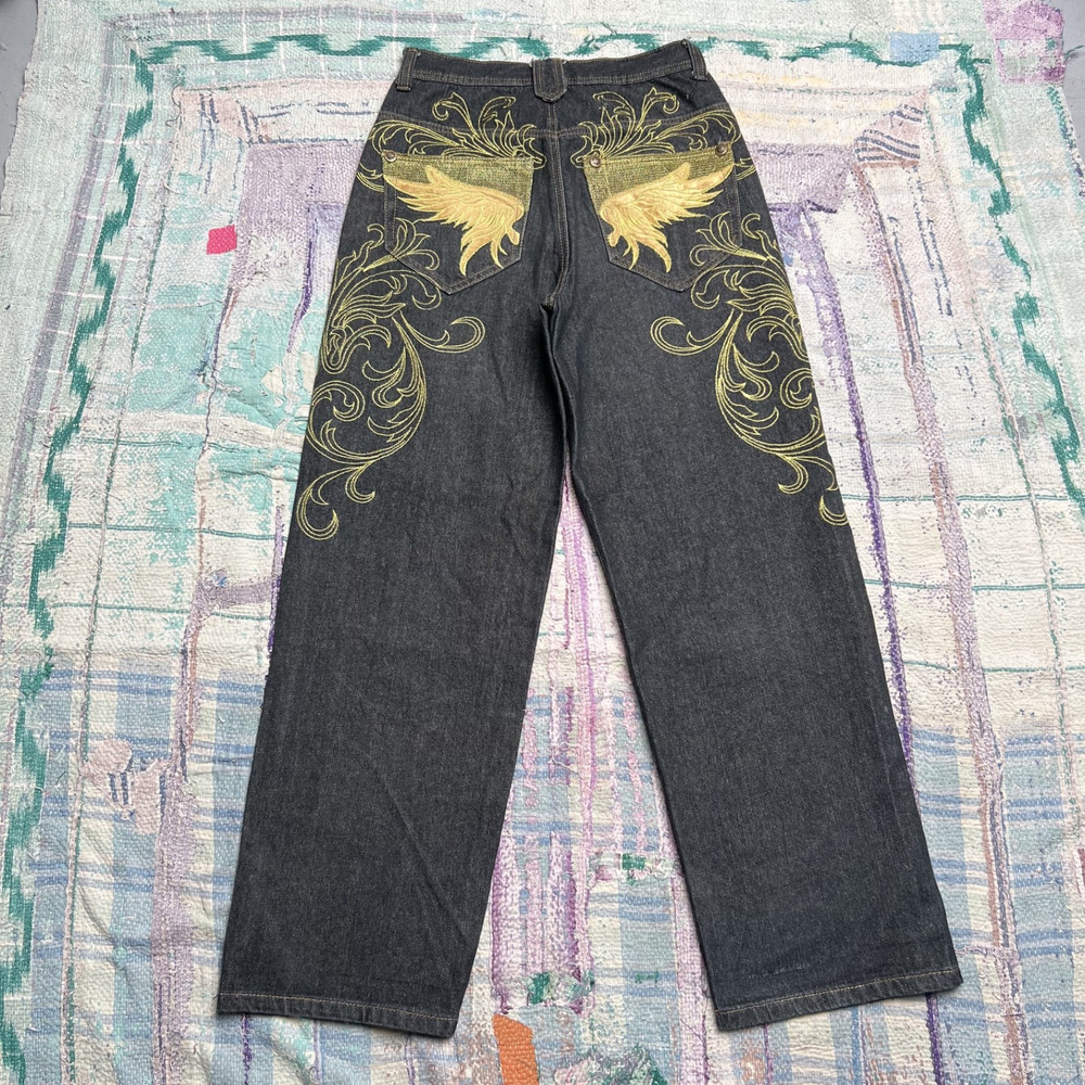 Crown Holder Game Time Gold Wing Paisley Baggy Embroidered Y2K Jeans 28x31